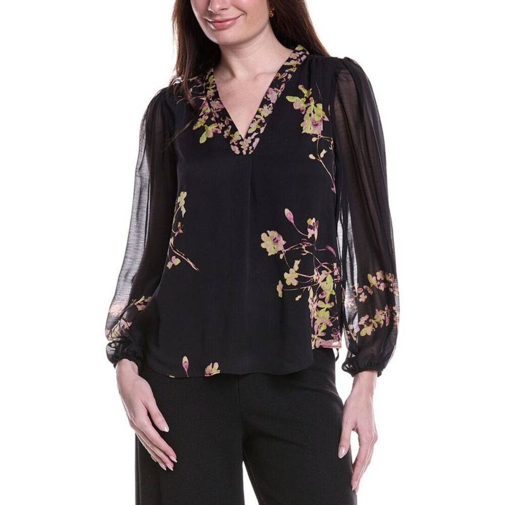 Vince Camuto Black Floral V-Neck Sheer Sleeve Blouse